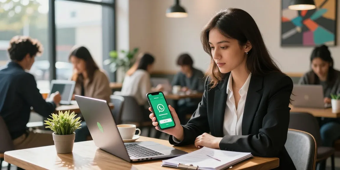 WhatsApp下載 page displayed on a smartphone at a lively café, showcasing a modern lifestyle.