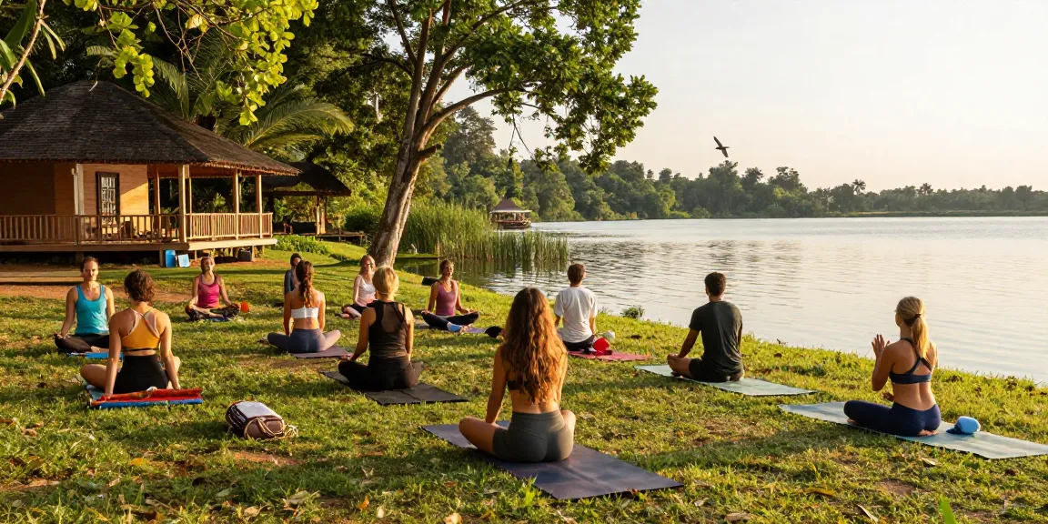 Lanka Yoga retreat participants practicing yoga by Koggala Lake in a serene, eco-friendly setting.
