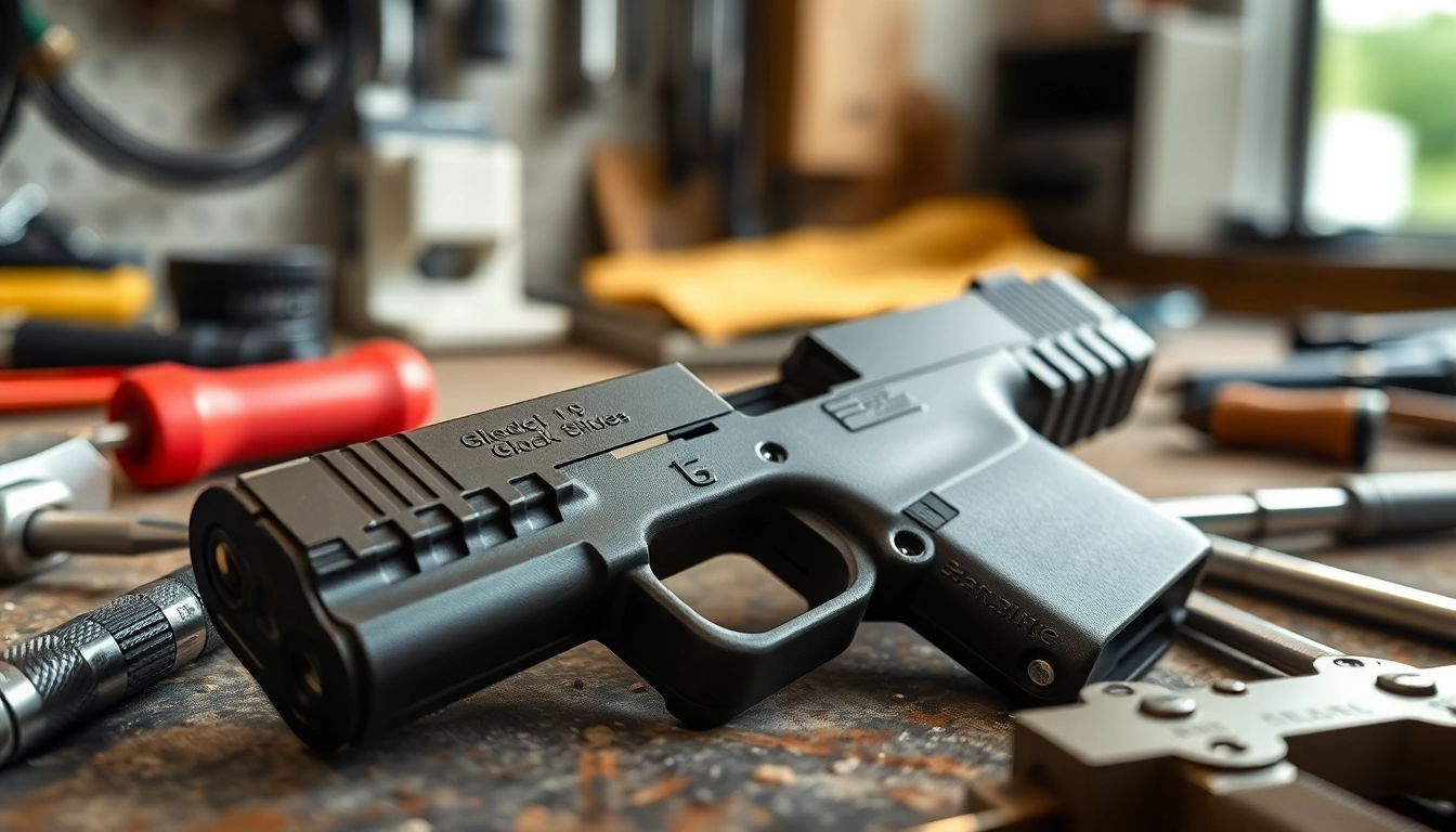 Inspecting a glock 19 slide oem on a workbench under natural light.