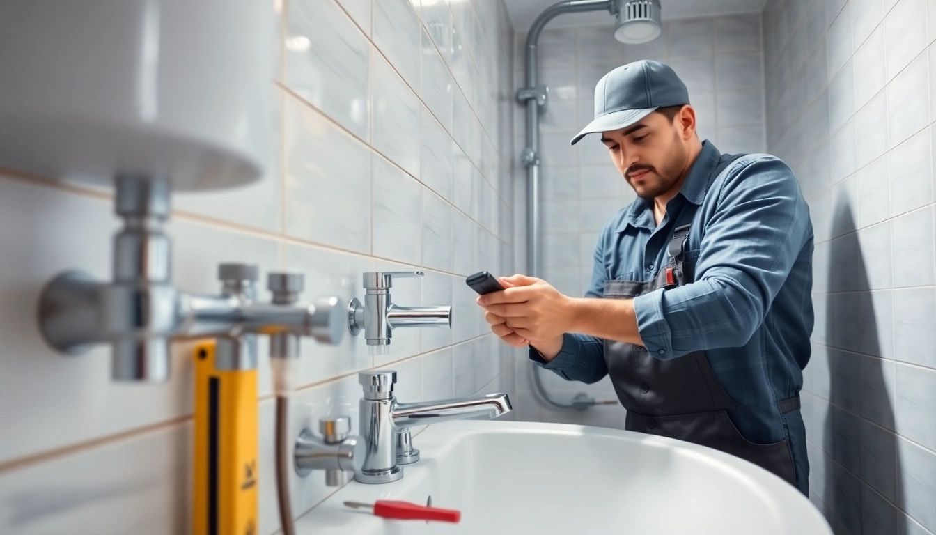 Techniker von sonni sanitär GmbH bei Sanitärinstallation in modernem Badezimmer.