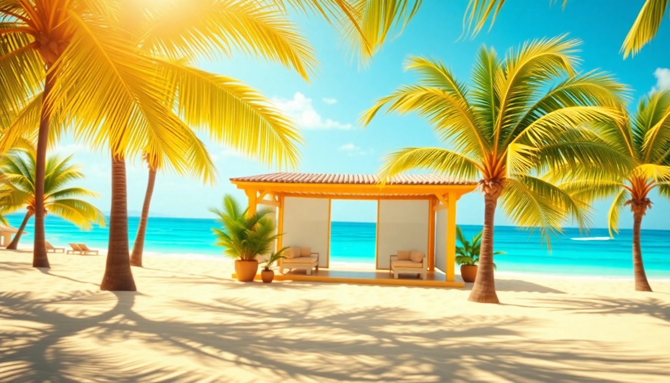 Relax at a beautiful coastal cabana with palms and ocean views.