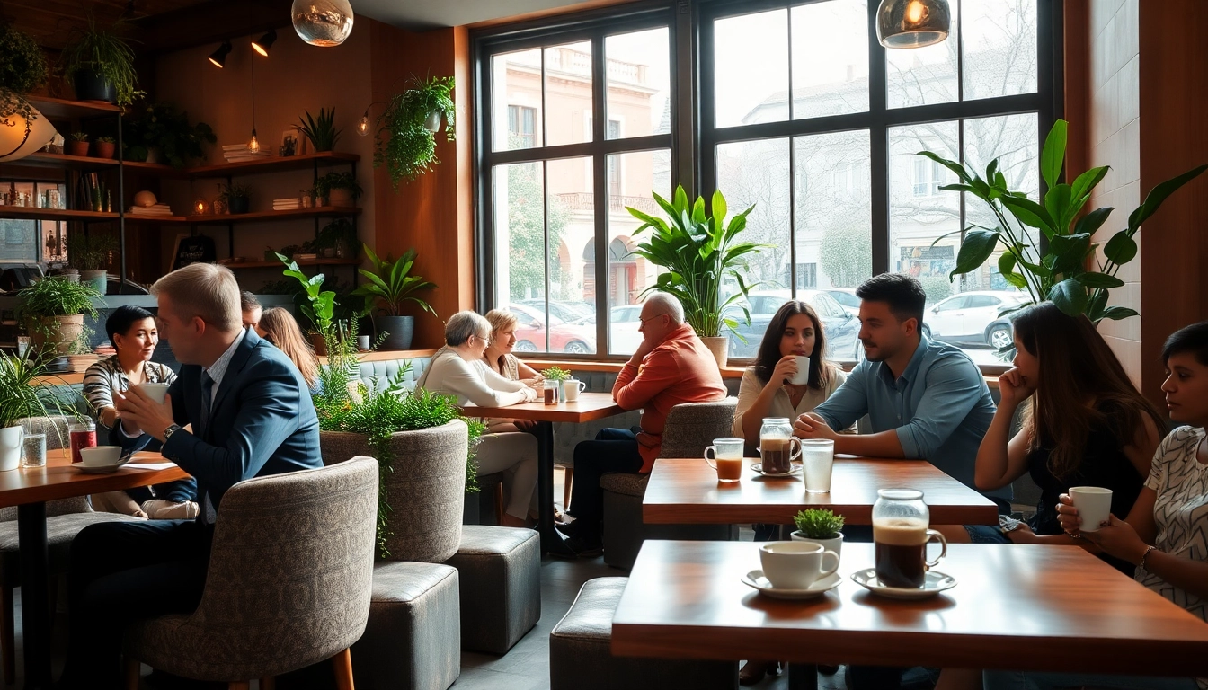 Patrons enjoying coffee at the Association coffee shop Madrid ambiance.