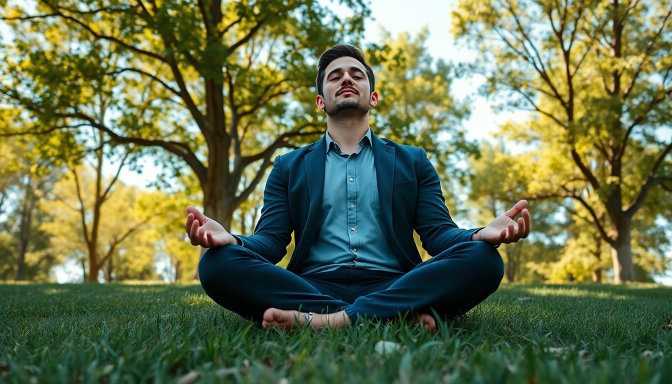Entrepreneurs break featuring a focused entrepreneur meditating outdoors amidst nature's calm.