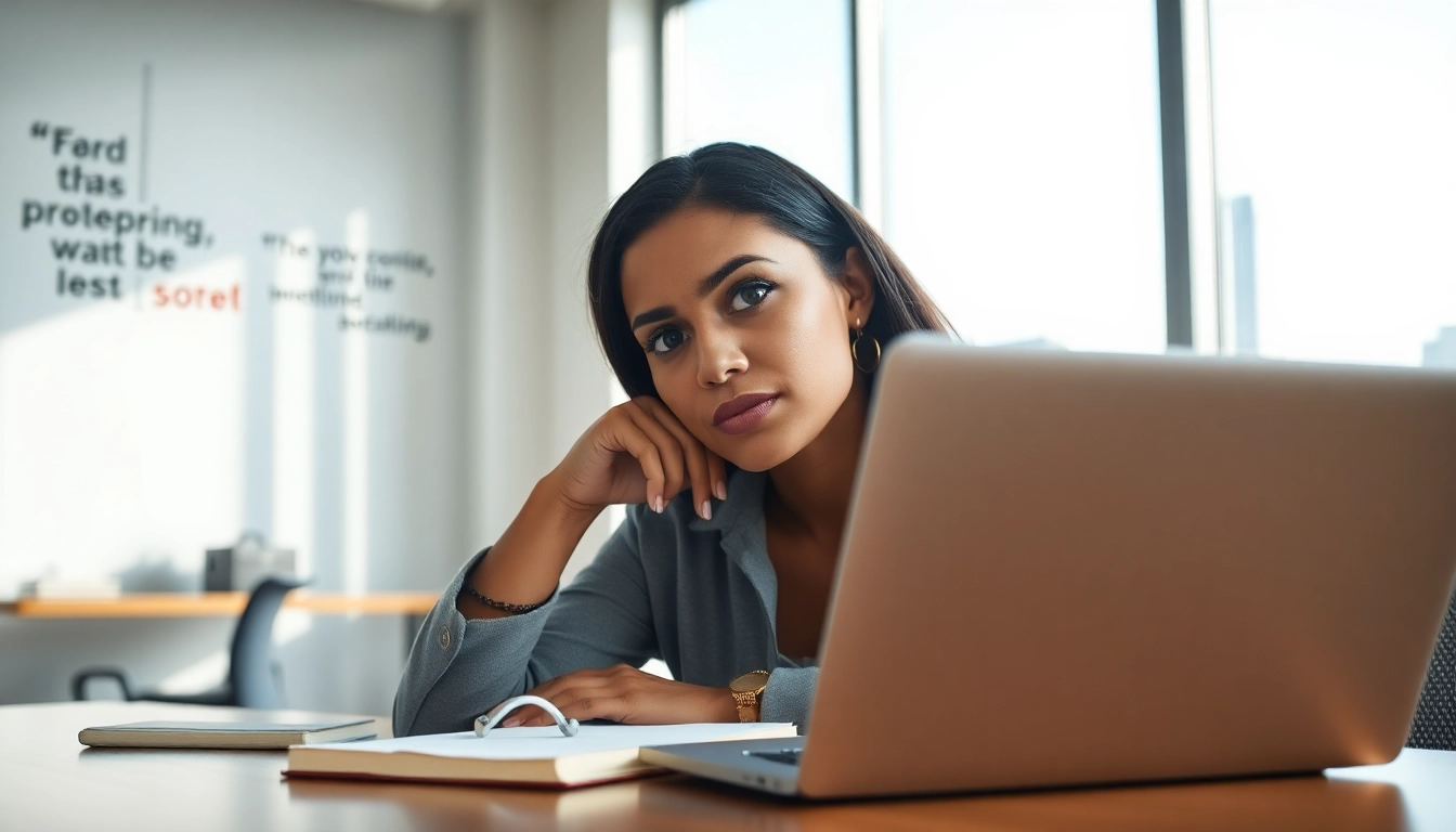 Find my true calling illustrated through a professional woman contemplating her career in a bright office.