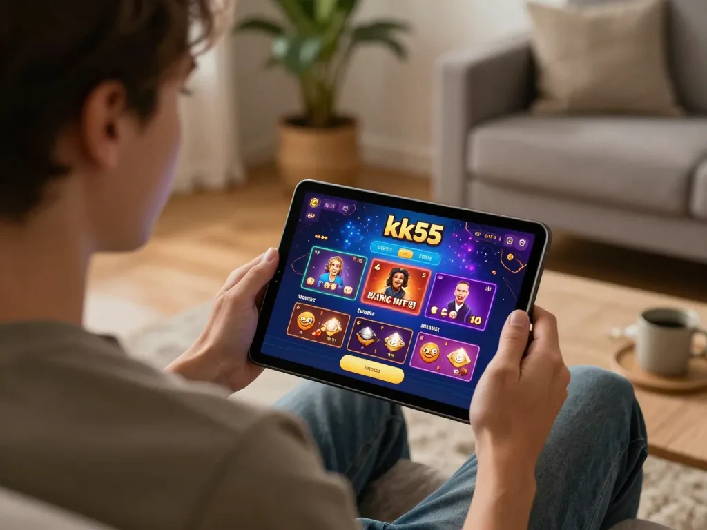 Person enjoying online gambling on kk55 app in a cozy home setting with vibrant game graphics.