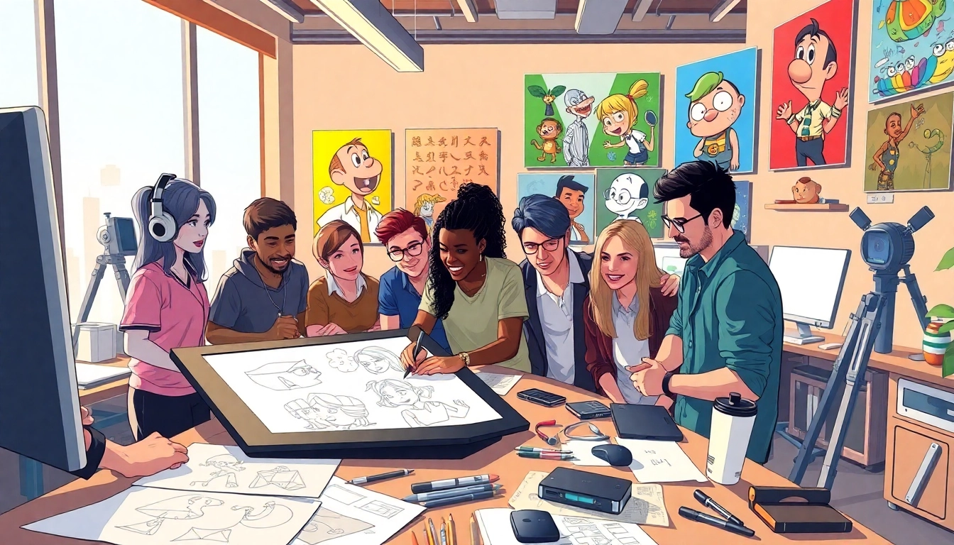 Animationsagentur kreative Arbeitsumgebung mit professionelle Künstlern und digitalen Skizzen.