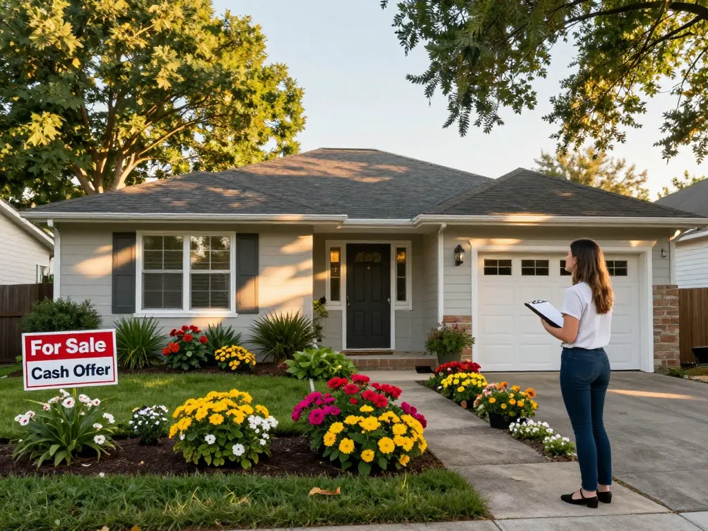 Cash home buyers inspecting a charming residential property during golden hour.