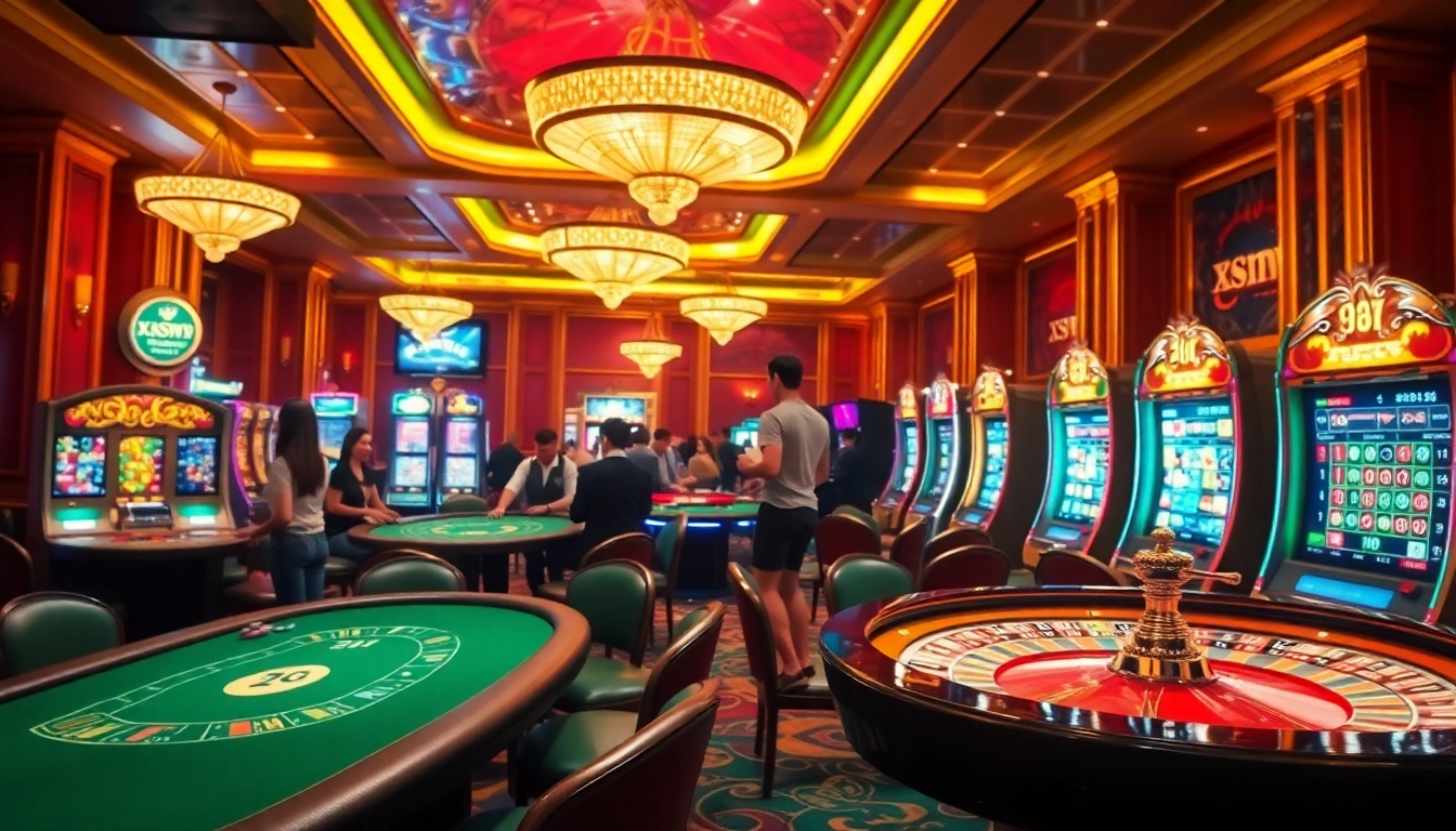 Players enjoying various games in a luxurious casino featuring XSMB 247 results.