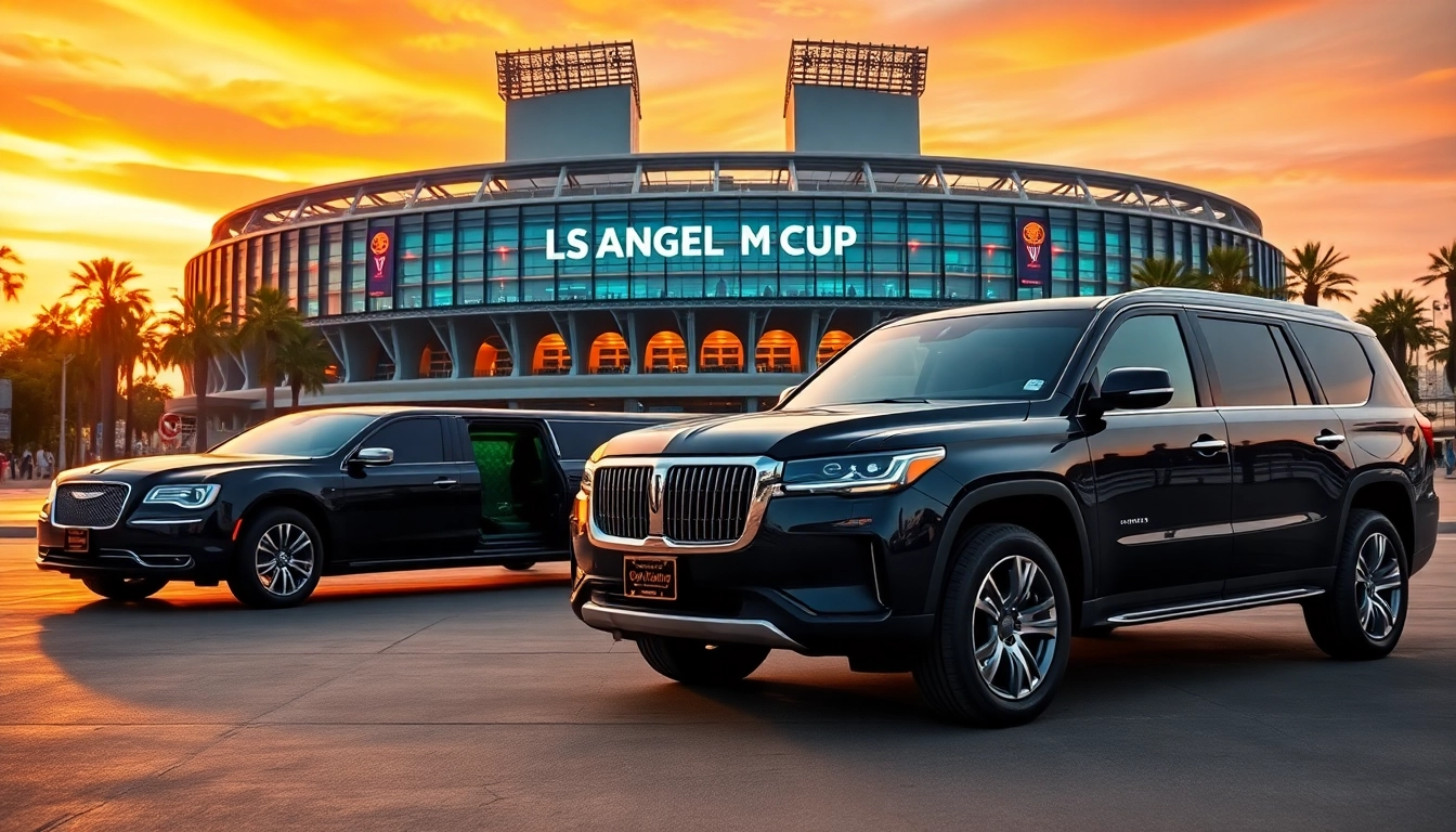 World Cup Group Transportation with luxurious limousines and SUVs welcoming fans at a Los Angeles stadium.