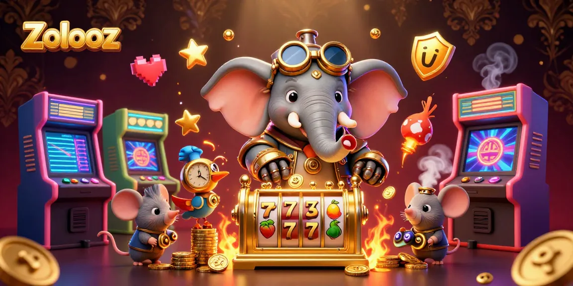 Zolooz showcases a lively 3D steampunk elephant with a golden slot machine, reflecting vibrant gaming energy.
