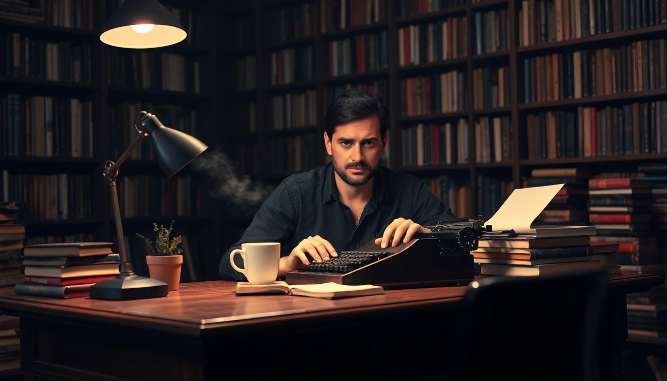Capture an action thriller author crafting stories in a cozy, mysterious workspace.