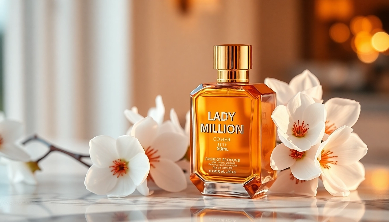 Captivating lady million 50ml perfume bottle elegantly styled amid floral arrangement.