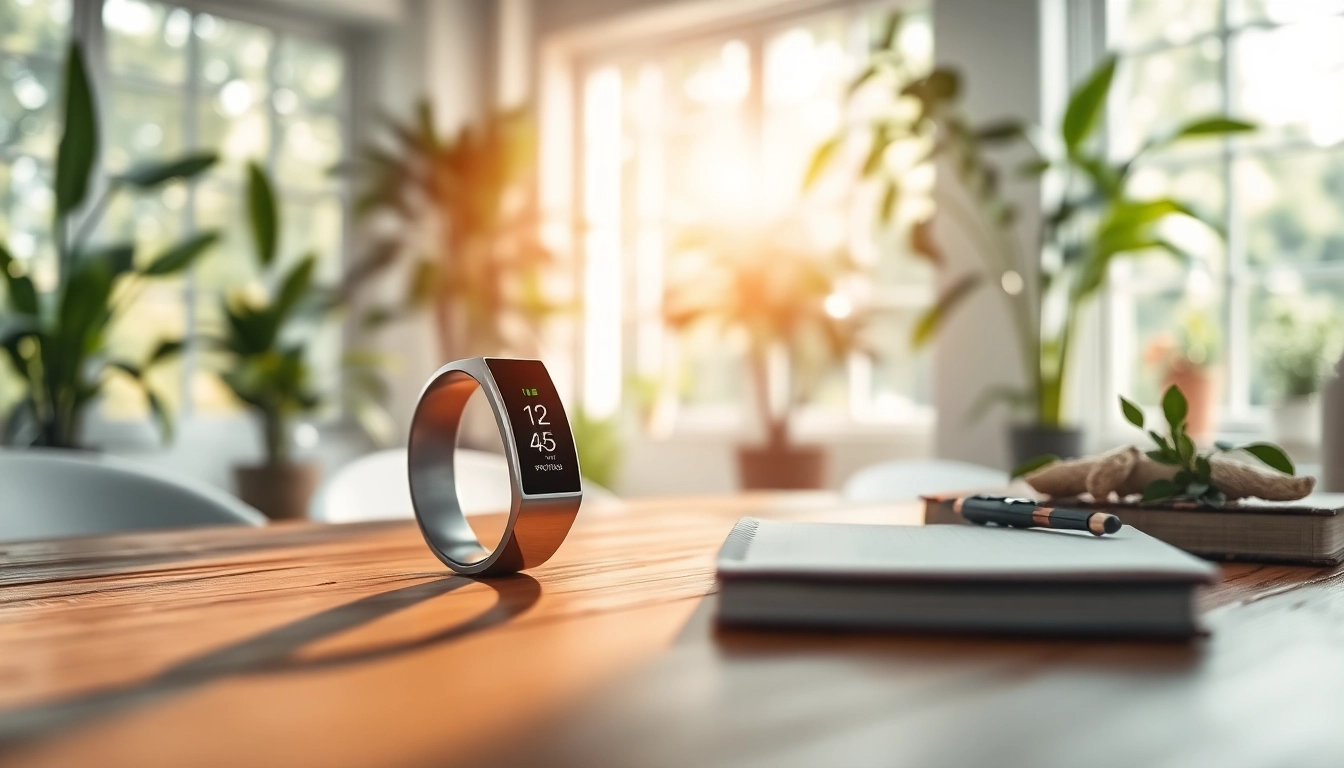 Health Ring elegantly displayed on a wooden table, symbolizing modern wellness tracking.