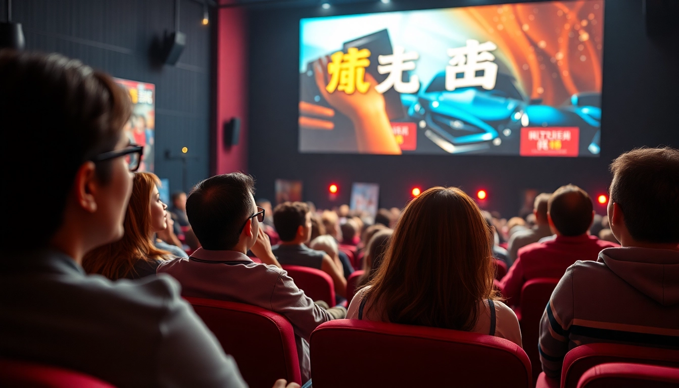 Engaged audience watching หนังออนไลน์ in a cozy cinema setting, showcasing vibrant ambiance and excitement.