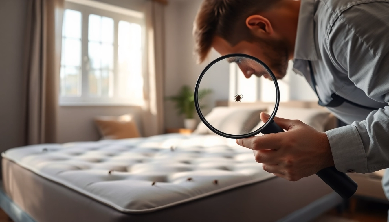 Expert conducting bed bug control inspection in a clean, organized bedroom environment.