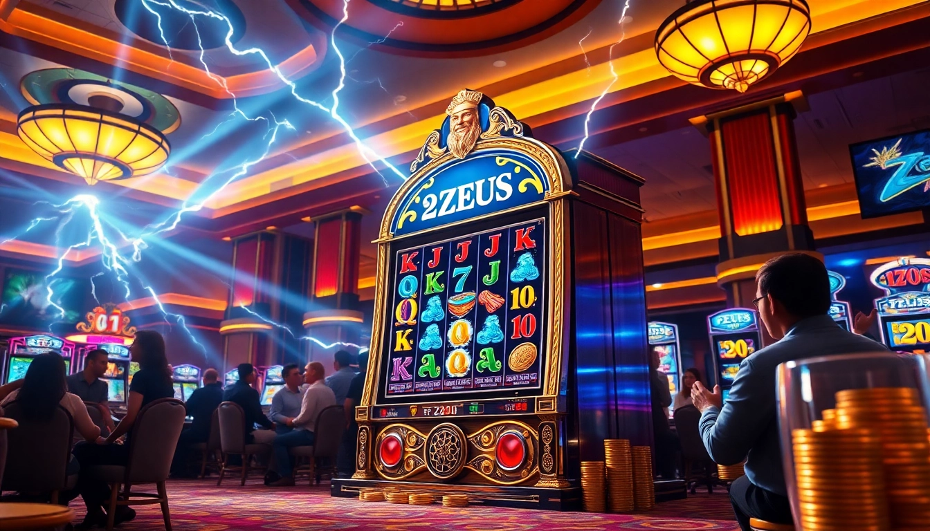 Pemain yang antusias memutar mesin slot Zeus di lingkungan kasino mewah.