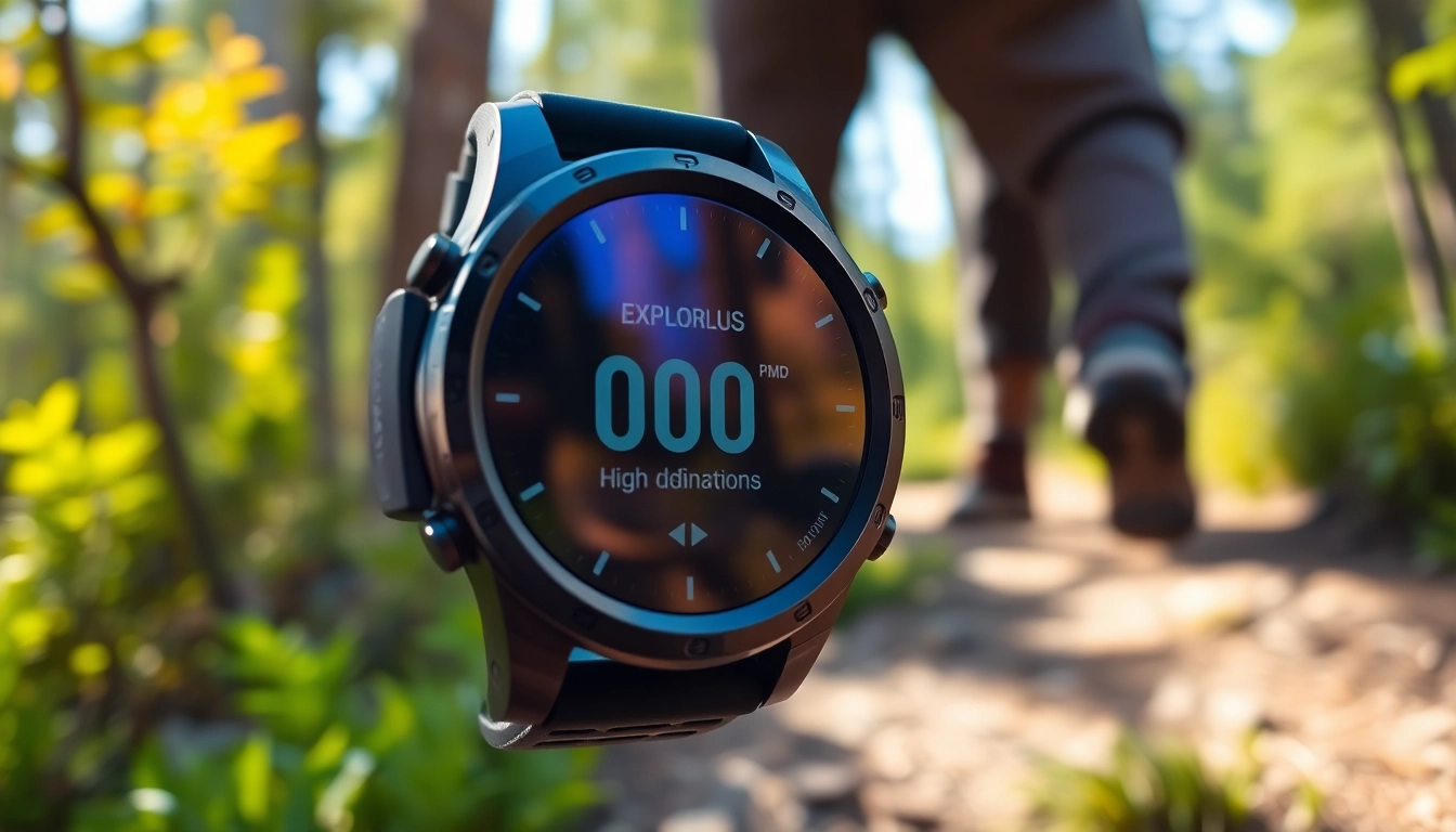 Engage with the Explorer Plus GPS Smart Watch during an outdoor adventure showcasing its features.