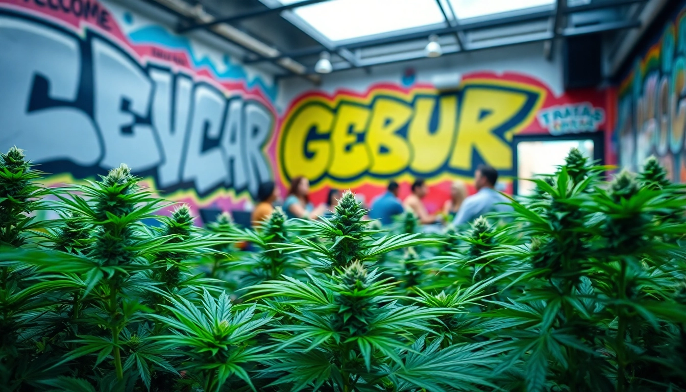 Die bluetenbande präsentiert Cannabis-Pflanzen in einer urbanen Gemeinschaft.