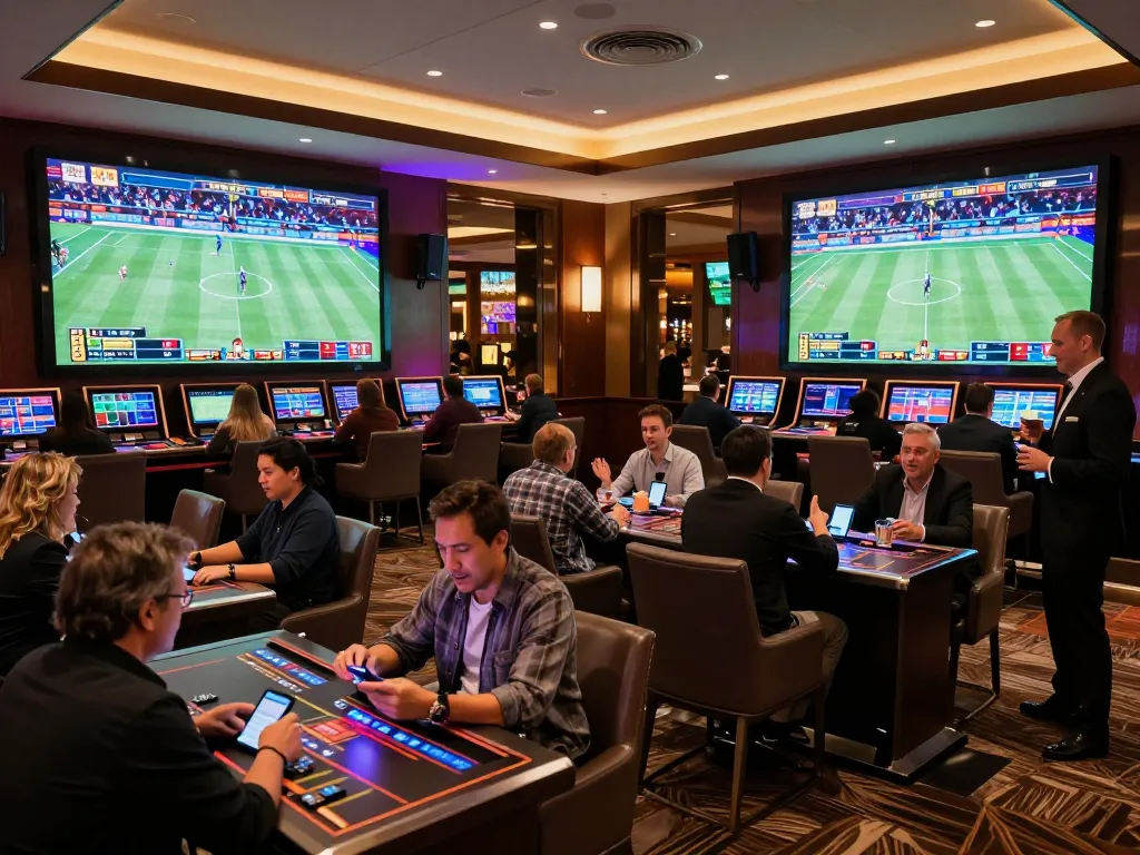 Engaged sports bettors reveling in the excitement of winstrike69 at a vibrant casino lounge.