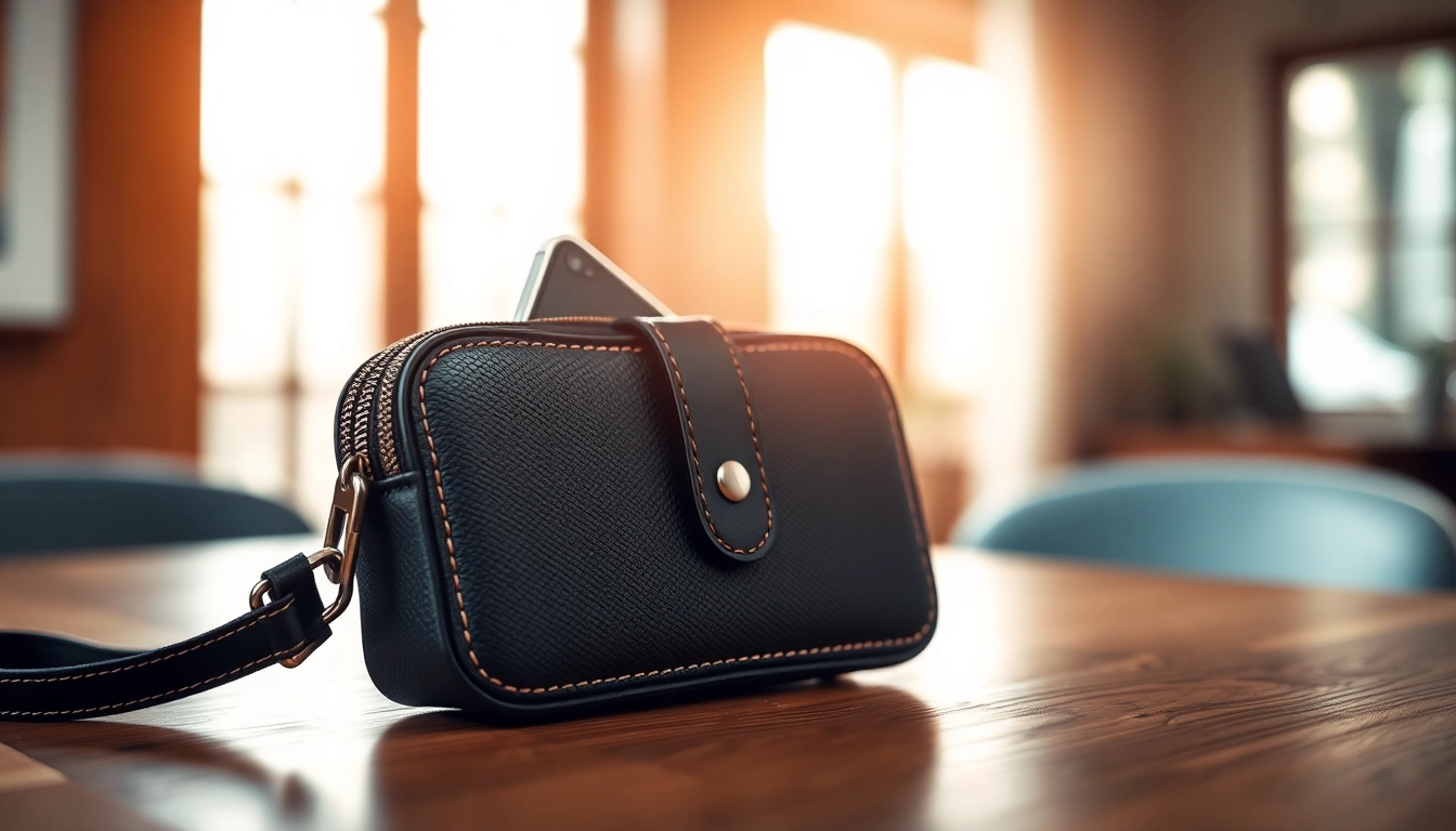 Abschließbare Handytasche mit sicherem Verschluss präsentiert auf einem Tisch.