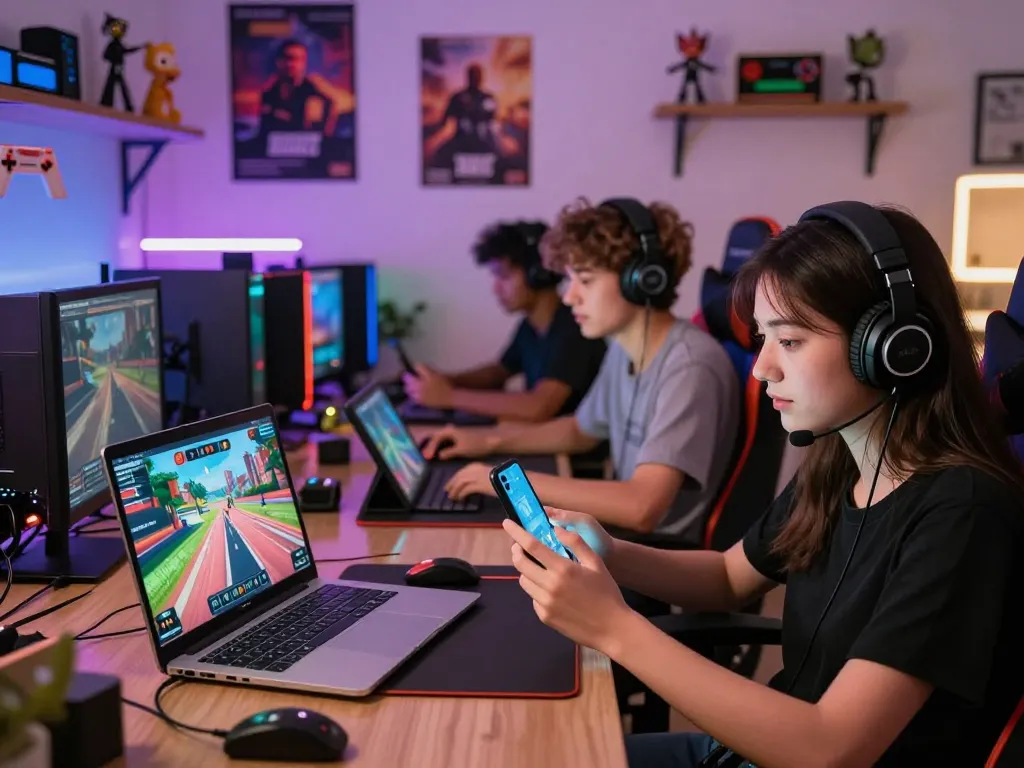 Engaged players enjoy ai porn games in a lively gaming setup with immersive graphics and devices.