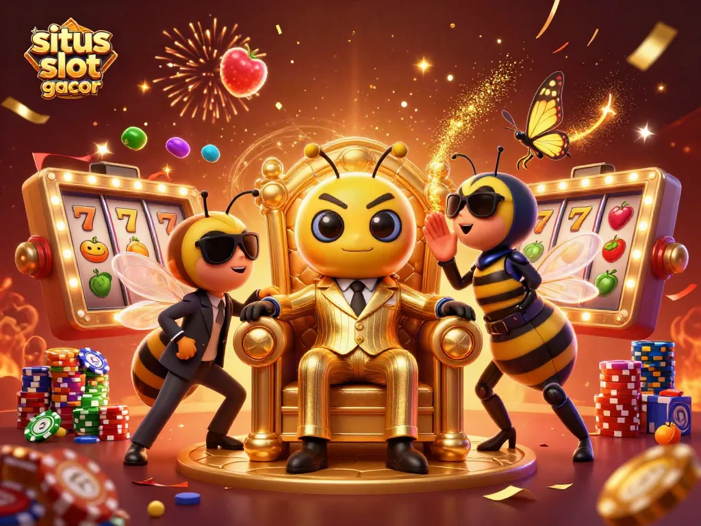 Mainkan situs slot gacor dengan slot reel berputar, simbol buah, dan jackpot cerah di latar belakang
