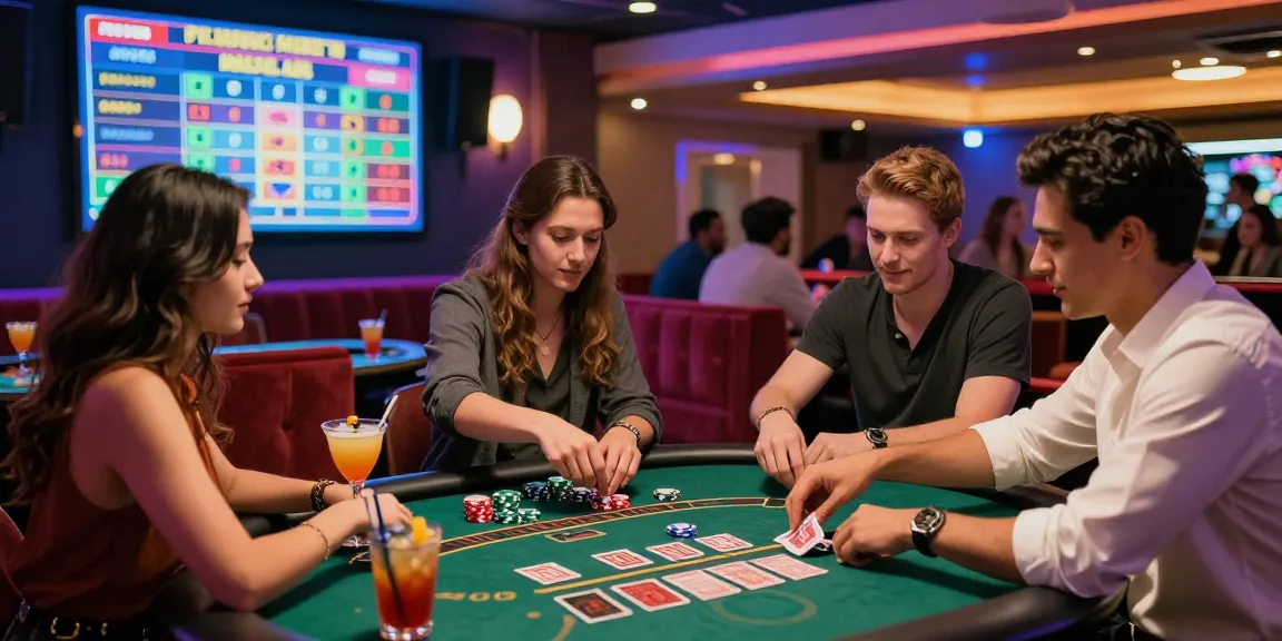 Exciting moment at credit card casinos with friends at the blackjack table, neon lights, and lively atmosphere.