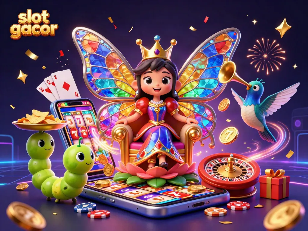 Engage with slot gacor visuals featuring a butterfly queen and vibrant casino elements in a 3D scene.