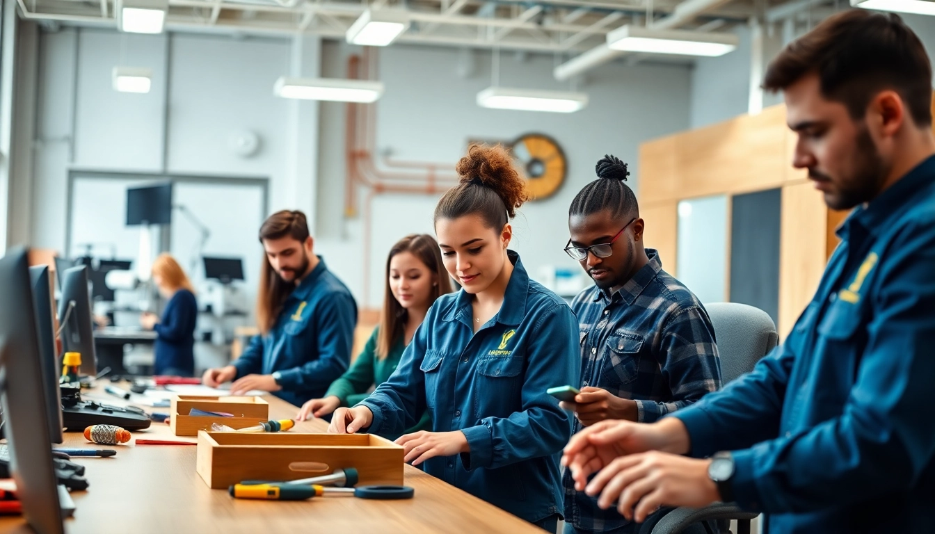 Engaged students at an abc trade school collaborating on hands-on projects in a modern classroom.