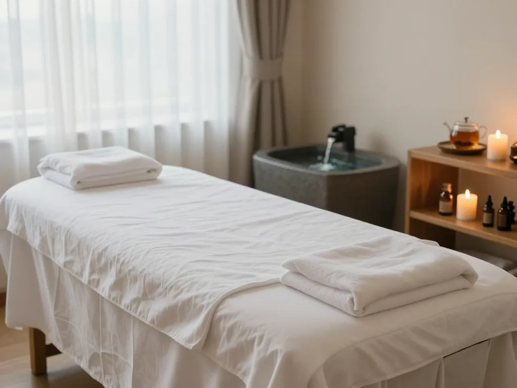 Experience soothing 수유동출장마사지 in a serene spa room with calming candles and herbal tea setup.