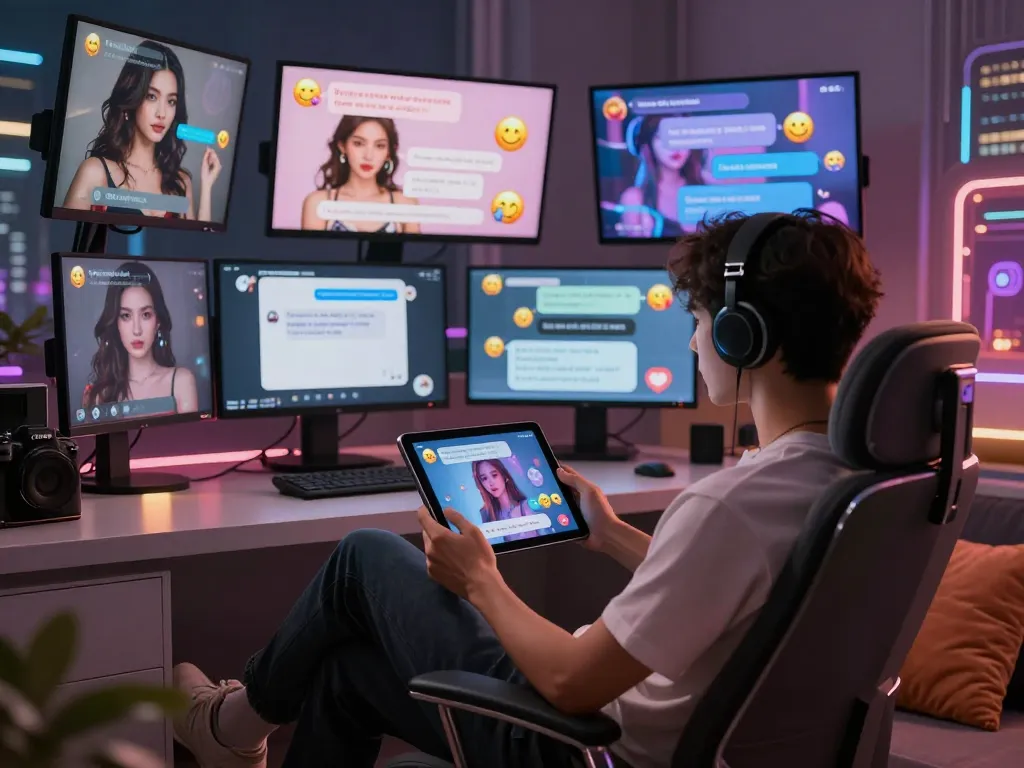 Interactive ai chat porn experience with animated AI characters in a modern tech setting, inviting atmosphere.