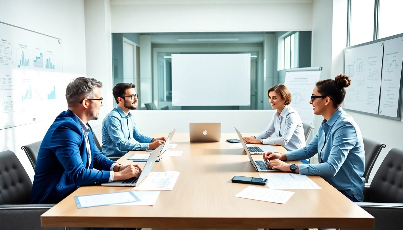 Team reviewing contracts and grants in a modern office setting, highlighting collaboration.