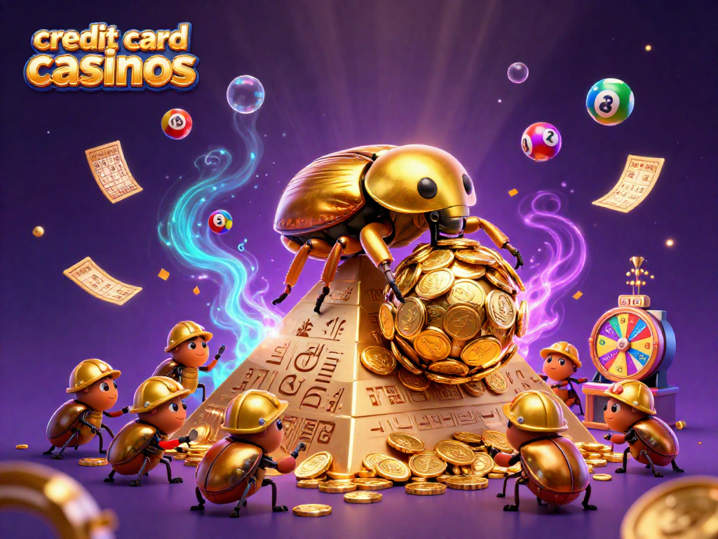 Experience the excitement of credit card casinos with vibrant games and golden treasures in this dynamic illustration.