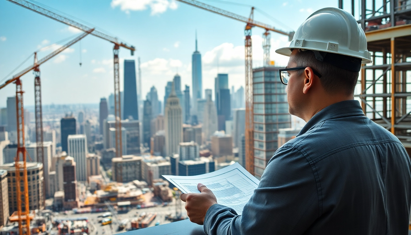 New York City Construction Manager directing a project amidst a vibrant urban landscape.