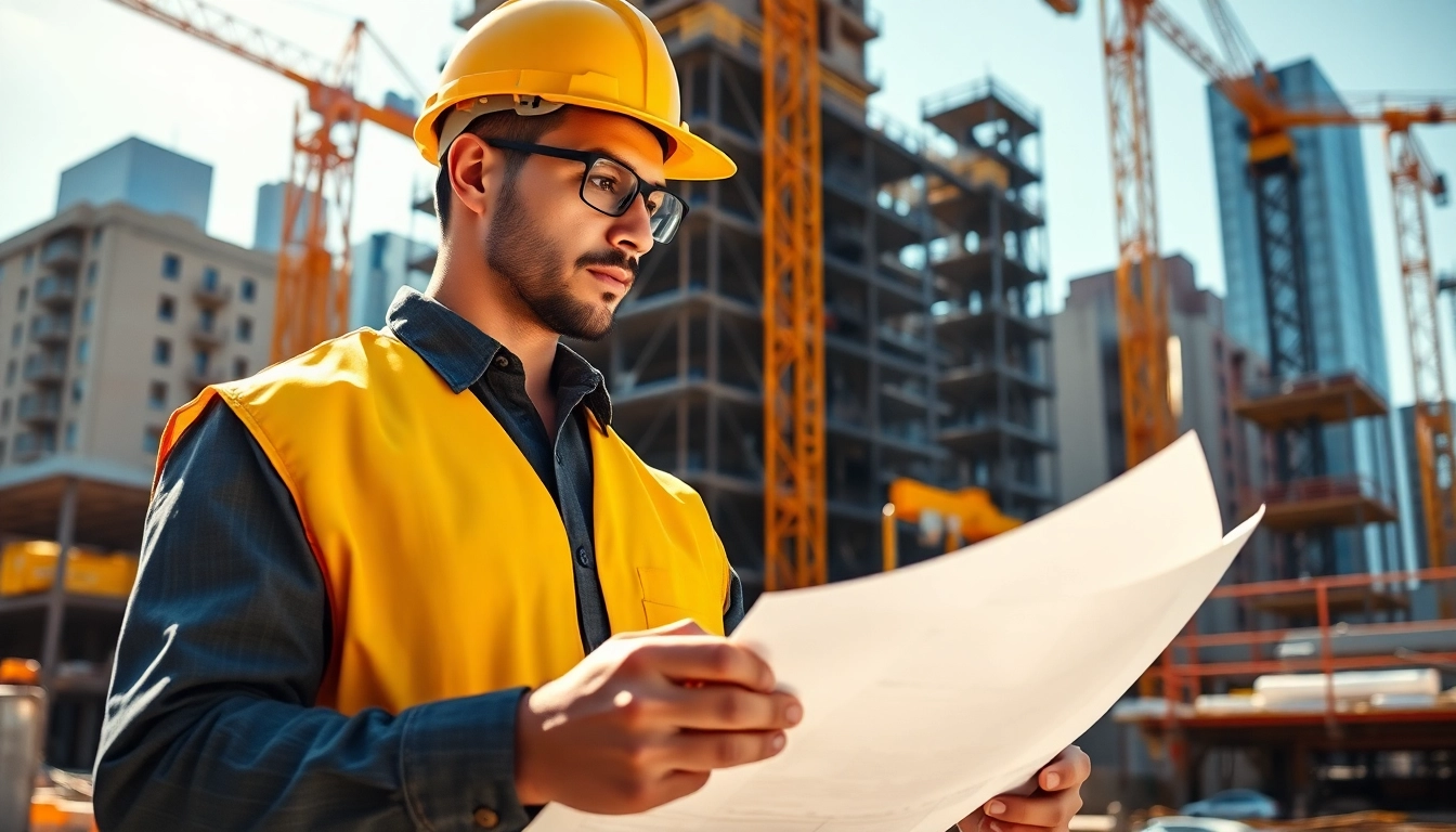 Manhattan General Contractor reviewing blueprints at a busy construction site under bright sunlight.