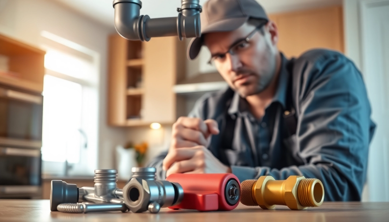 Reliable plumber near me fixing a pipe with professional tools in a cozy kitchen.