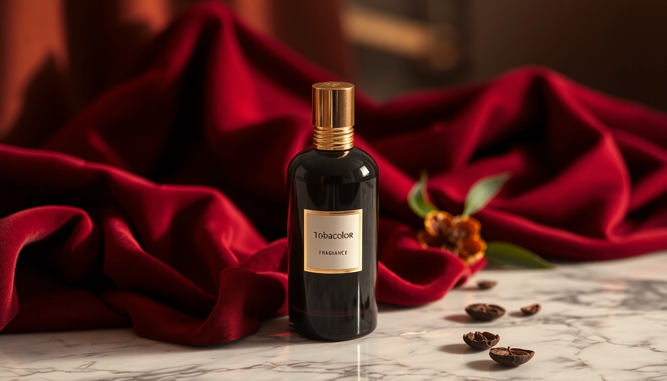 Experience the exquisite tobacolor fragrance, elegantly showcased against rich fabrics and warm lighting.