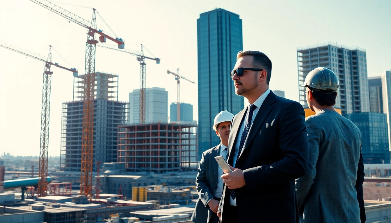 New York Construction Manager collaborating with a team on a busy construction site under bright sunlight.