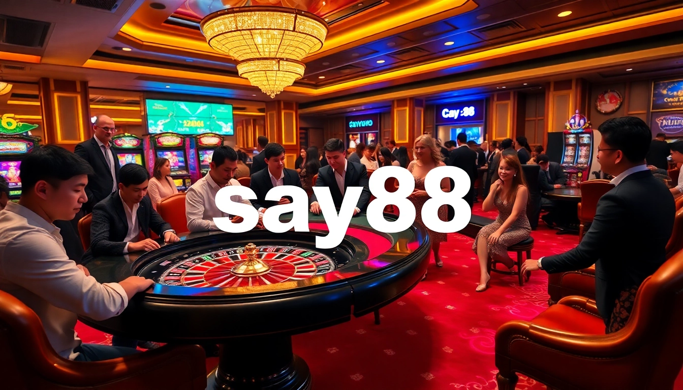 Intense poker action with say88 logo, vibrant casino atmosphere, and luxurious decor.