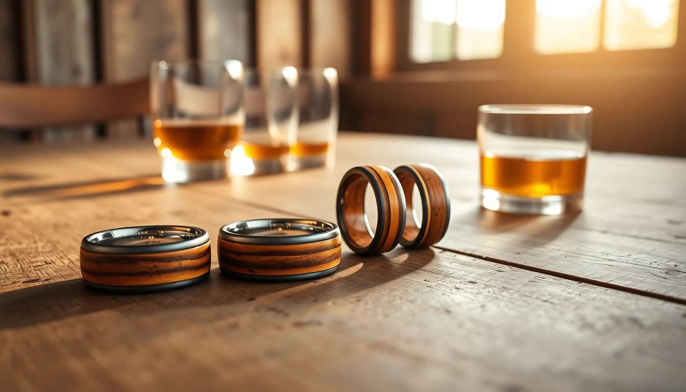 Engaging display of Whiskey Barrel Wedding Bands highlighting unique designs and textures.