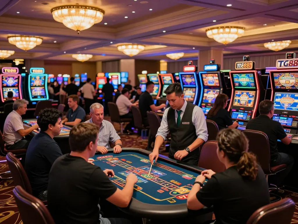 Players enjoying a game at TG88 branded casino, celebrating wins amid vibrant atmosphere.