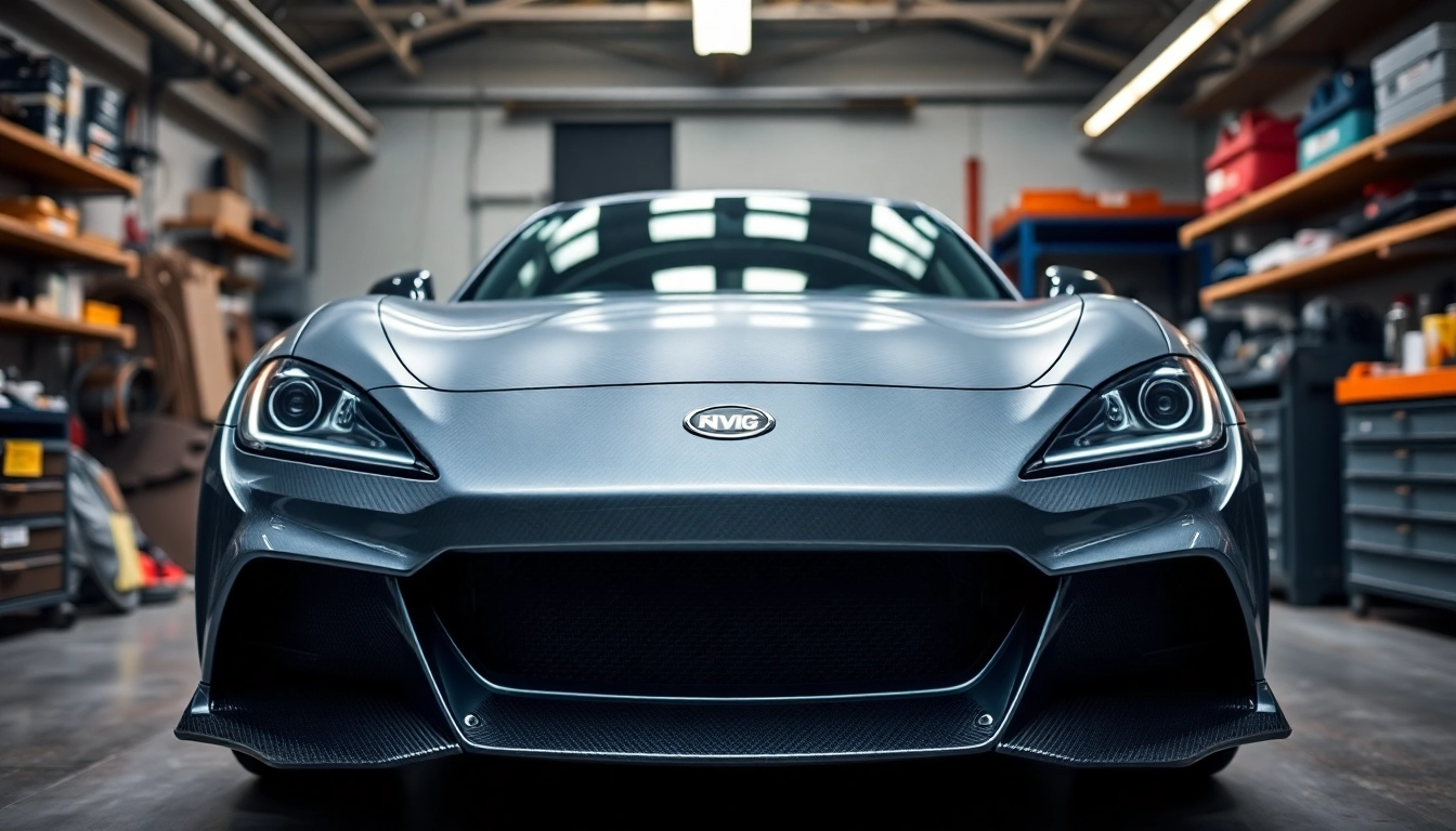 The RVNG Dry Carbon Fiber Headlight Delete showcased in a sleek automotive workshop with bright lighting and a professional atmosphere.