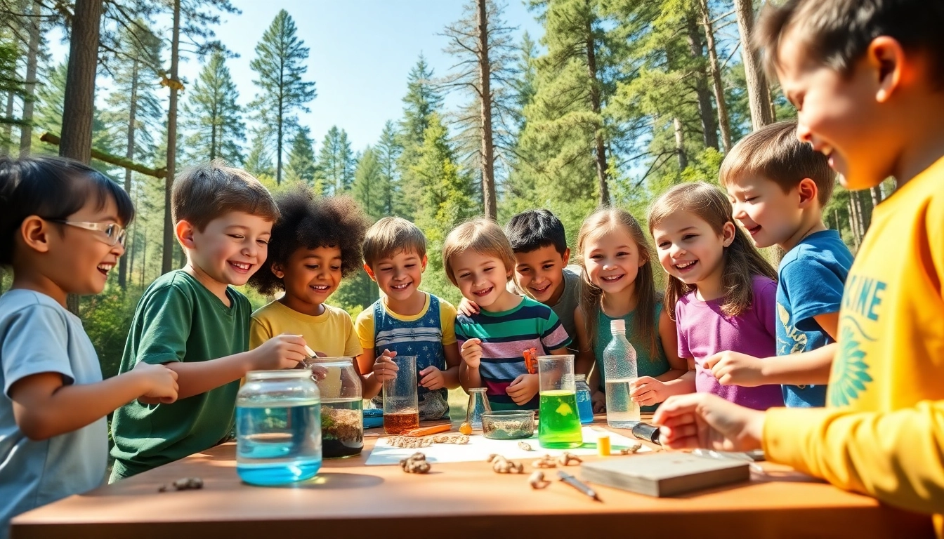 Children participating in a science and nature camp, enjoying outdoor experiments and exploration.