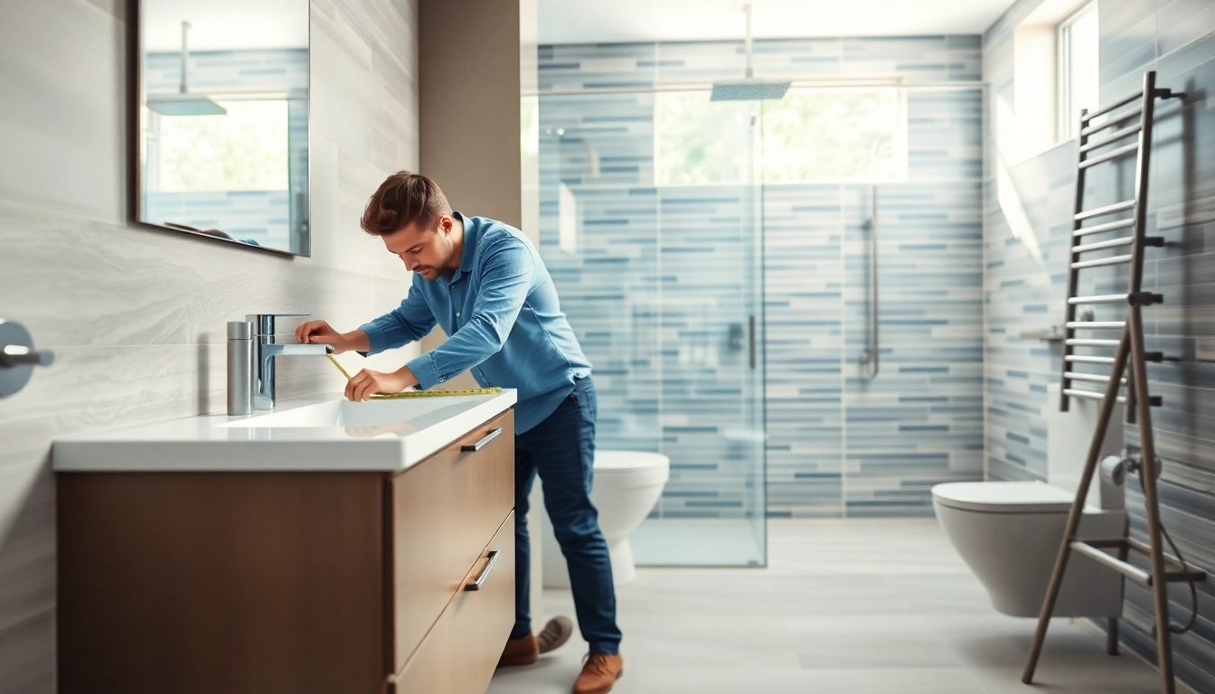 Bathroom fitters Manchester installing modern fixtures in a contemporary bathroom.