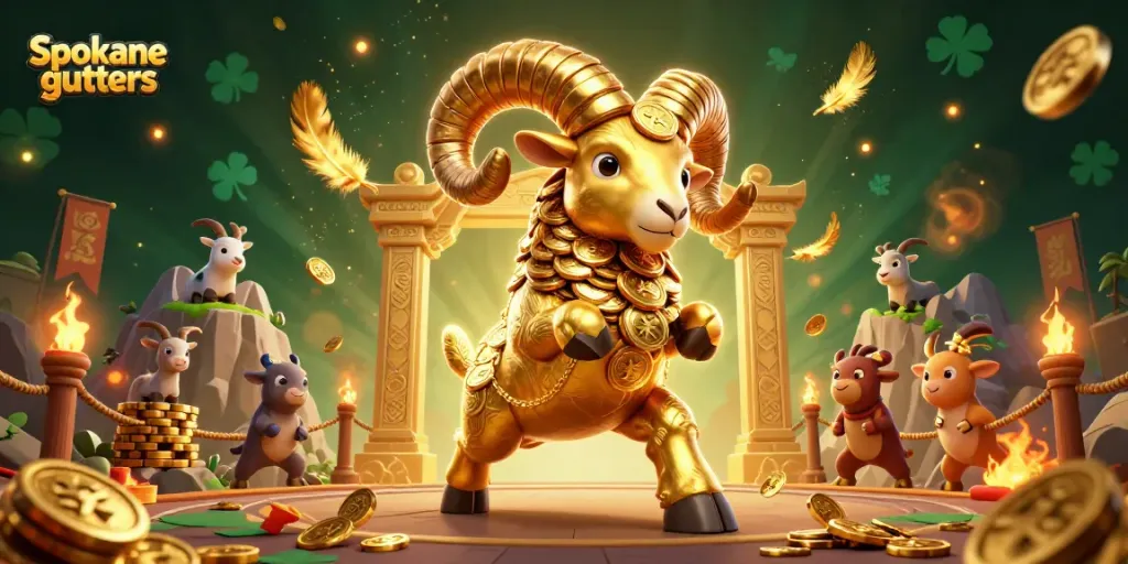 Spokane gutters showcase exciting betting action with golden ram and mountain goats in a vibrant casino scene.