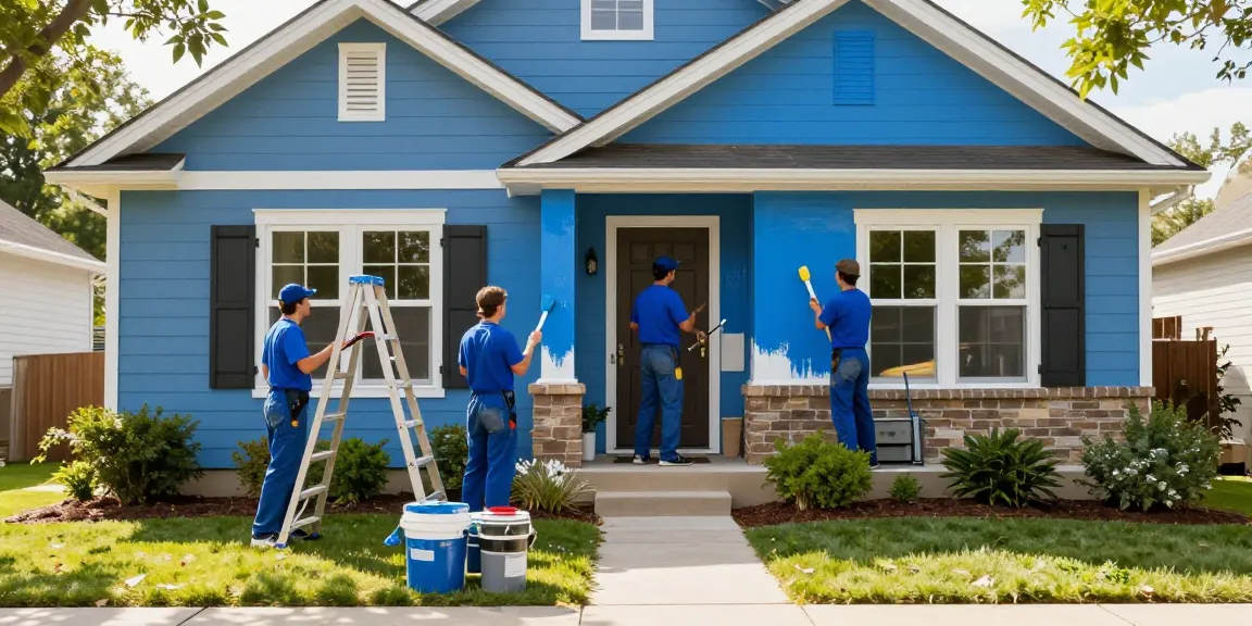 Exterior painters Franklin County OH applying vibrant blue paint to a suburban home.