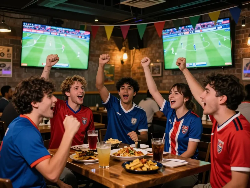 Cà khịa tv fans enjoying live football matches in a vibrant bar setting.