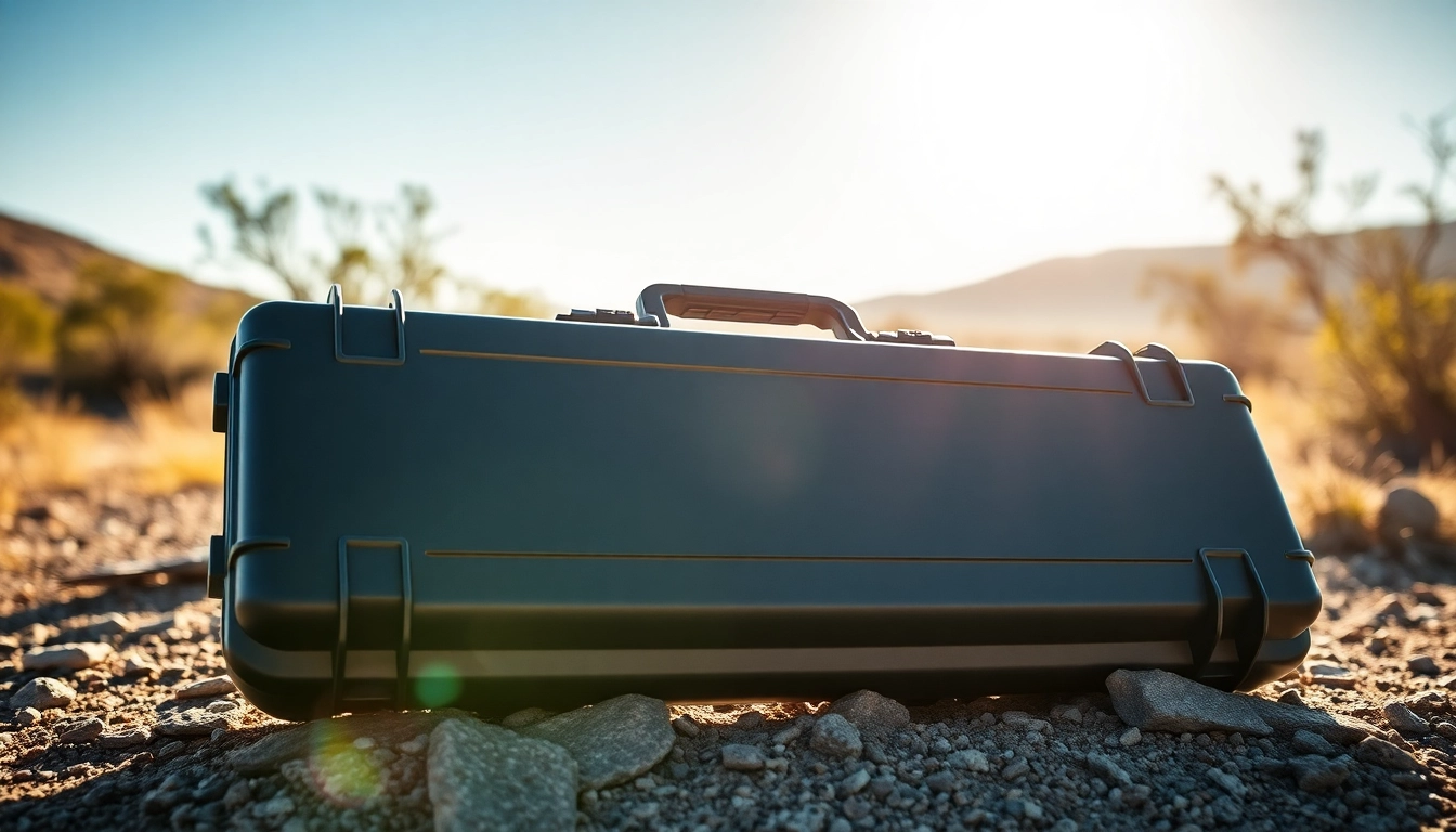 Showcasing a durable pelican rifle case against a natural backdrop highlighting its rugged design.
