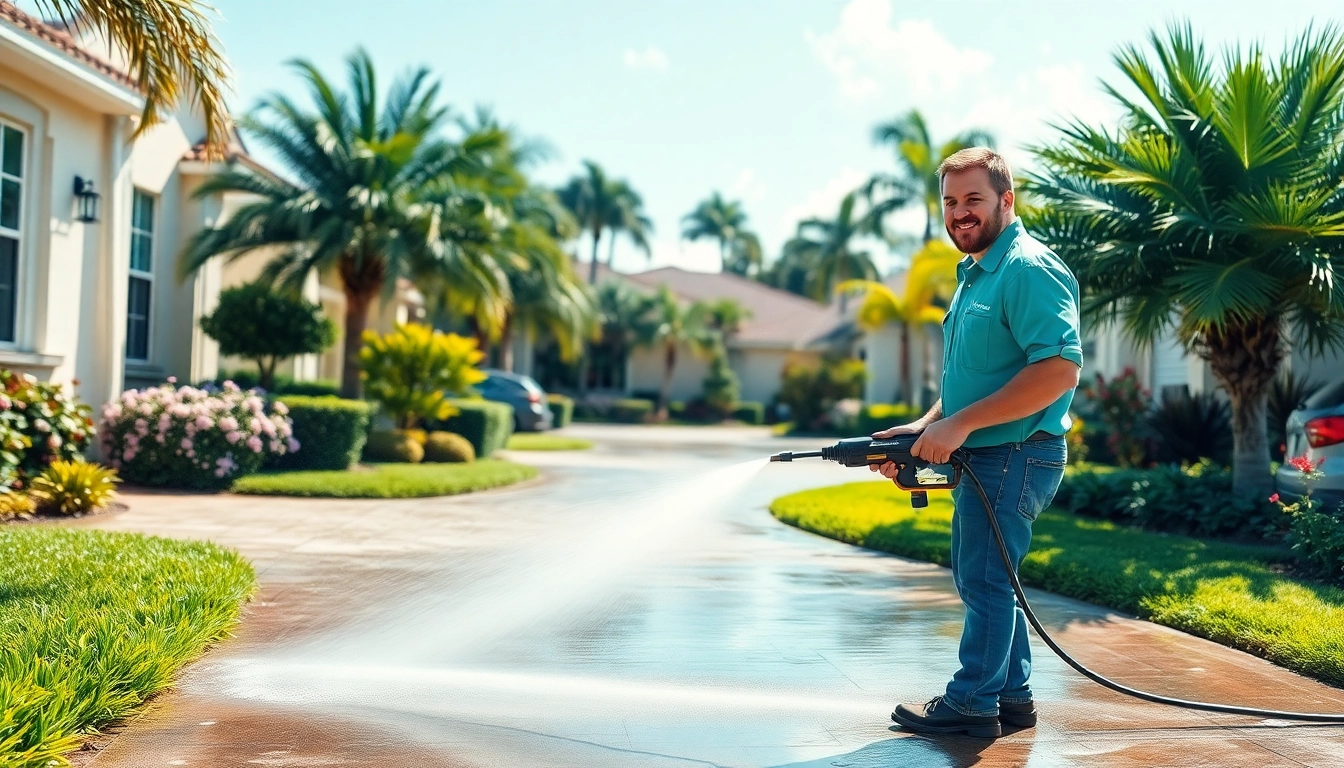 Pressure wash expert cleaning a driveway in Kissimmee, FL, showcasing professional exterior cleaning services.