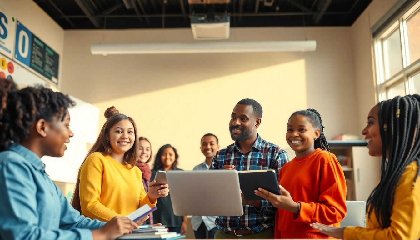 Dynamic education scene with diverse students and a teacher in a modern classroom promoting innovative learning.